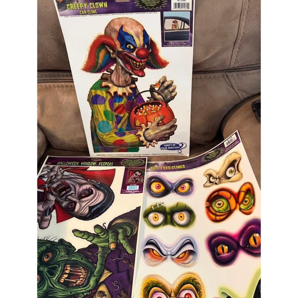Beistle Halloween Window Static Clings Lot Vampire Zombie Clown Evil Eyes 3 Pack